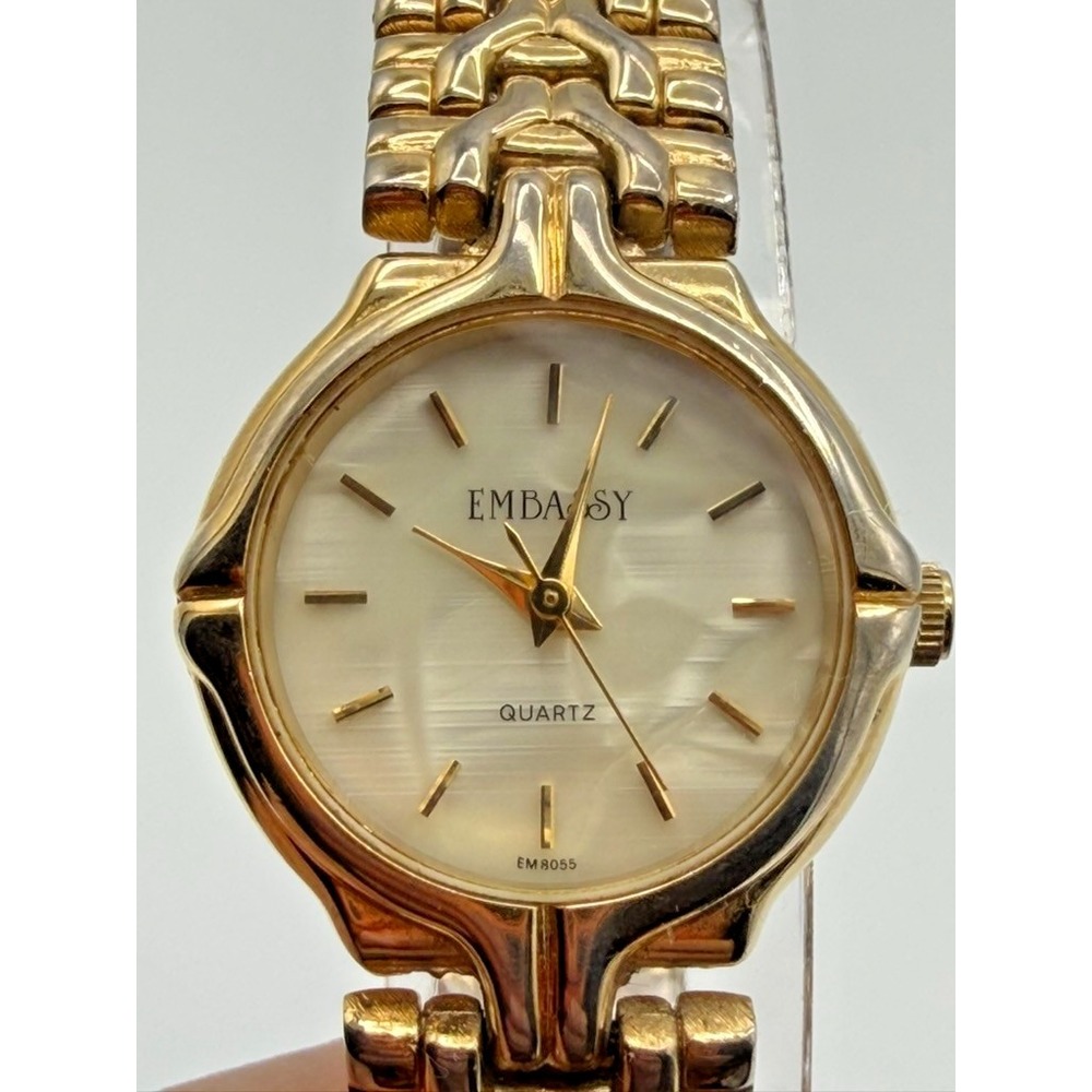 Embassy Quartz Watch Gold Tone Mother of Pearl Dial Womens 7" Runs